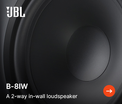 JBL promotional banner for the B-8IW speaker featuring the headline "B-8IW" and subtext "A 2-way in-wall loudspeaker". The banner showcases an extreme close-up, cropped view of a matte black speaker cone and outer surround ring. The white JBL brand logo sits in the top left corner, and an orange circular action button with a white right-pointing arrow is located in the bottom right corner.