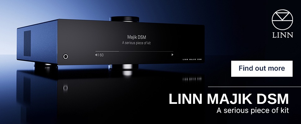 Sleek black Linn Majik DSM audio system with digital display on left, showcasing minimalist design. Right text reads "Linn Majik DSM, a serious piece of kit."