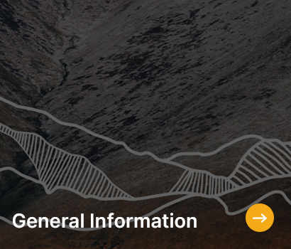Rocky terrain with abstract white lines overlay. Text reads "General Information" with a yellow arrow icon, creating a mysterious, adventurous tone.