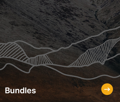 Rocky terrain with abstract white lines and shaded patterns overlaying the landscape. The word "Bundles" and a yellow arrow are at the bottom.