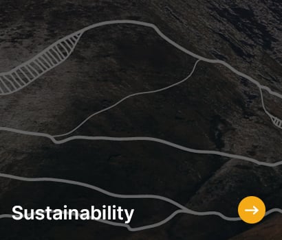 Dark terrain with white contour lines suggesting a topographic map. The word "Sustainability" and an orange arrow icon are at the bottom, hinting at progress or direction.