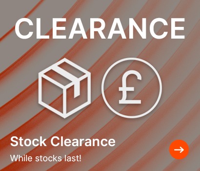 Clearance sale advertisement with a cardboard box and pound symbol icons on an orange wavy background. Text reads 'Stock Clearance. While stocks last!'