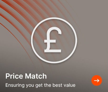 Pound symbol inside a circle on a grey and orange gradient background. Text below reads 'Price Match' and 'Ensuring you get the best value' with an orange arrow.