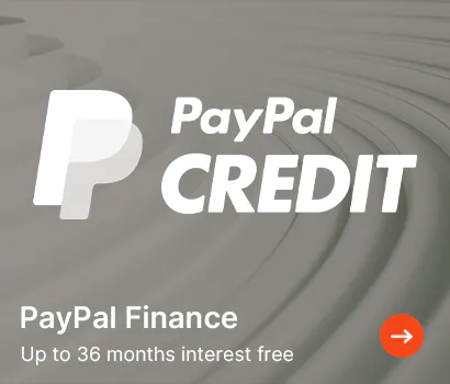 PayPal Credit advertisement with a white logo on an abstract gray background. Text highlights "Up to 36 months interest free." An orange arrow is at the bottom right.