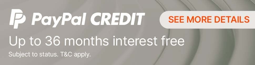 Banner advertising PayPal Credit with up to 36 months interest-free, 'See More Details' button in orange, grey background with wave pattern.