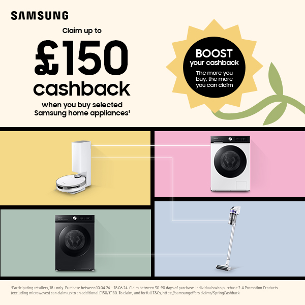 Claim up to £150 cashback on Samsung home appliances