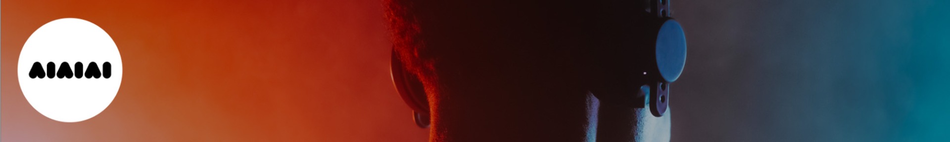 A person wearing headphones is shown from behind, with a rich gradient background of red to blue. A circular logo with the word "AIAIAI" appears on the left.