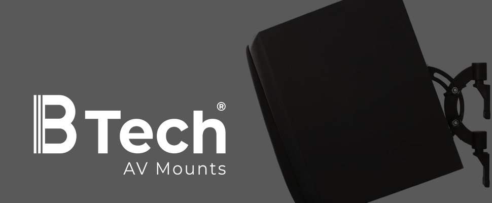 Gray banner with black TV mounts on either side and "BTech AV Mounts" in white text centred. Minimalist design, professional tone.