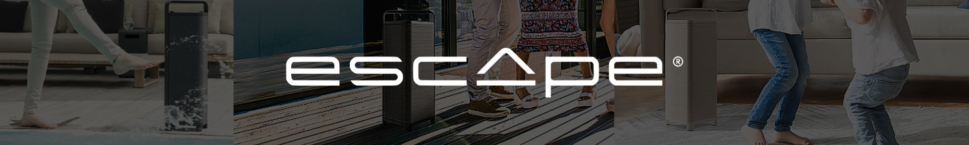 Stylish black speaker on a deck near water with people relaxing and playing. The word "escape" is prominently displayed in white text.