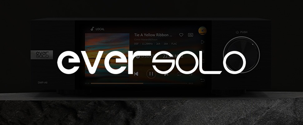 Close-up of a digital audio player displaying a music track with a sunset image. "Eversolo" branding appears. The dial on the right hints at sleek design.