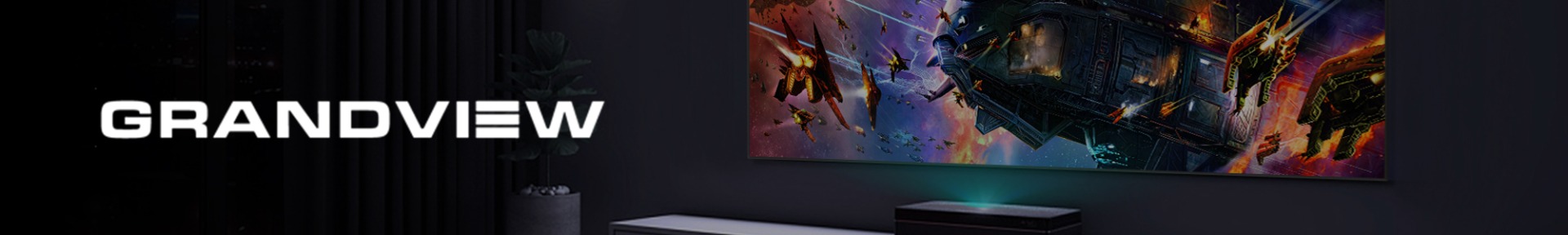 A futuristic home theatre setup with a glowing projector. A vivid sci-fi scene is displayed on the screen, containing spaceships and vibrant skies.
