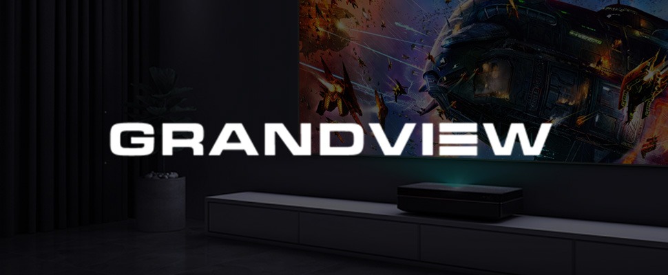 A futuristic home theatre setup with a glowing projector. A vivid sci-fi scene is displayed on the screen, containing spaceships and vibrant skies.