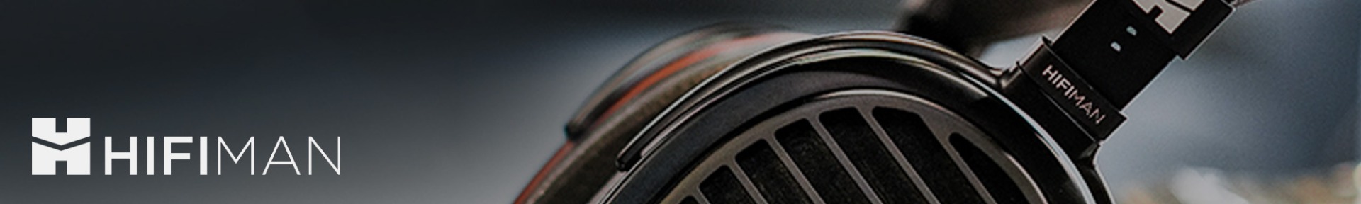 Close-up of a HIFIMAN headphone with sleek black metal and grill design on the right, against a gradient background. The HIFIMAN logo is on the left.