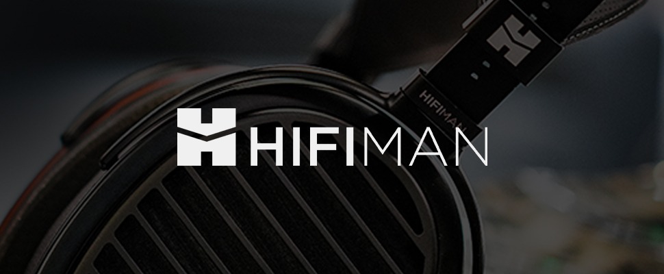 Close-up of a HIFIMAN headphone with sleek black metal and grill design on the right, against a gradient background. The HIFIMAN logo is on the left.