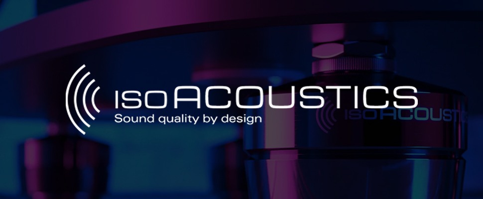 Stylish IsoAcoustics logo with a sleek, modern design in blue and purple tones, alongside the text "Sound quality by design"