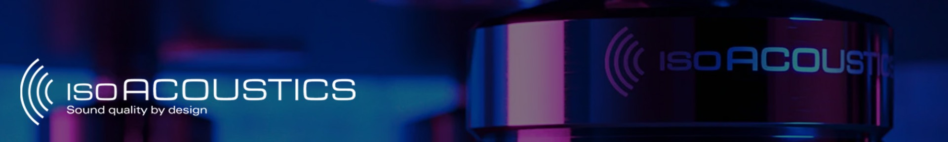 Stylish IsoAcoustics logo with a sleek, modern design in blue and purple tones, alongside the text "Sound quality by design"