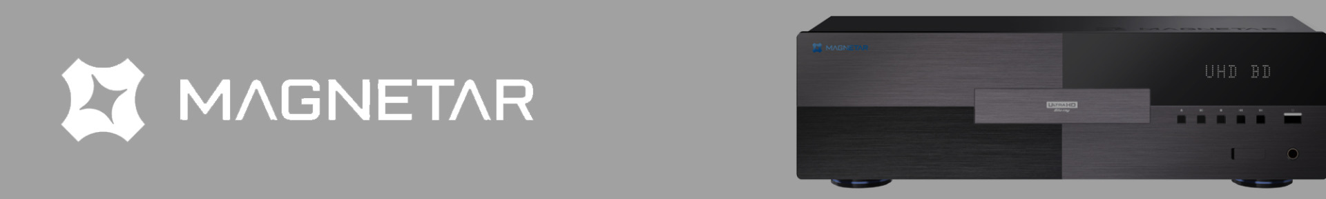 Grey background featuring the Magnetar logo and branding on the left, with a sleek black and grey electronic device labeled 'Ultra HD Blu-ray' on the right.