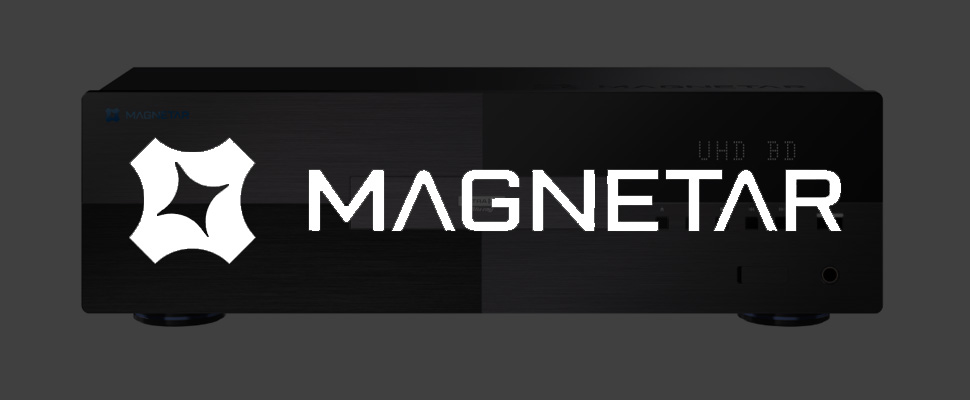Grey background featuring the Magnetar logo and branding on the left, with a sleek black and grey electronic device labeled 'Ultra HD Blu-ray' on the right.