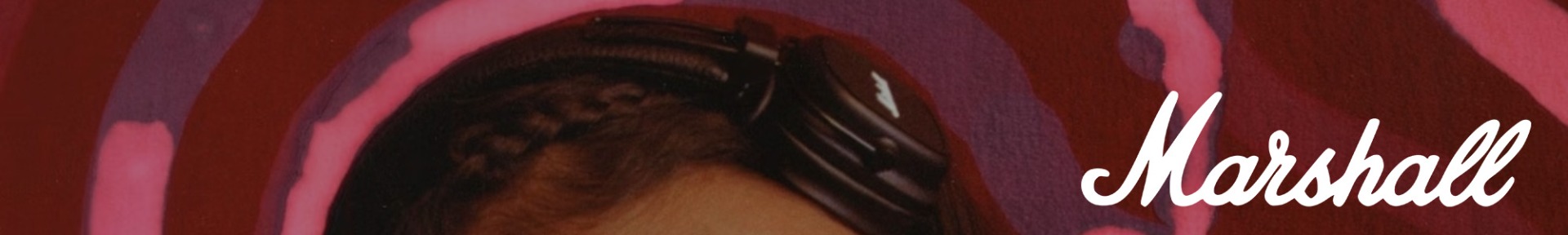 A woman wearing braided hair and black headphones is set against a swirling maroon and pink background. The white script "Marshall" is on the right.