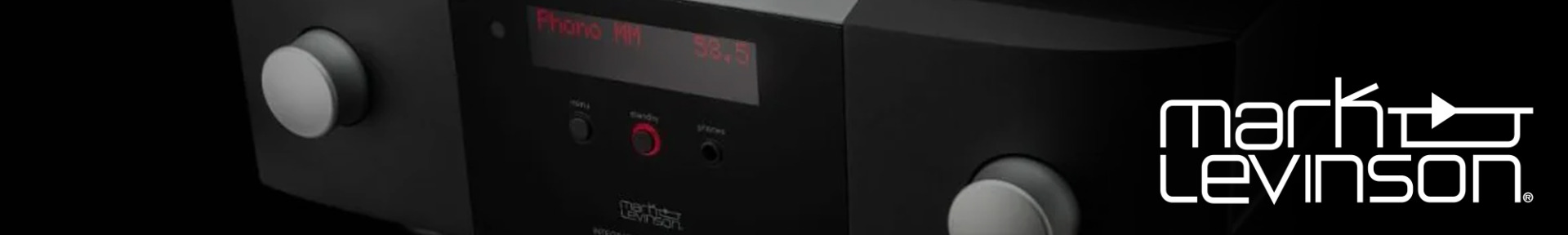 Ambient image of a sleek black audio system with a digital display reading "Phono MM 58.5." Mark Levinson logo in white, conveying luxury and precision.