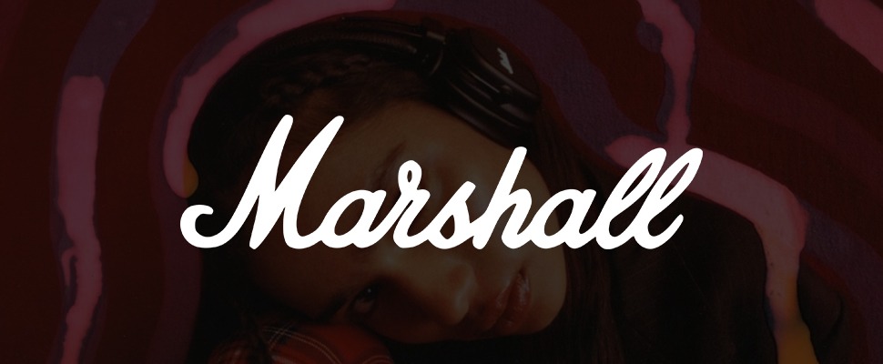 A woman wearing braided hair and black headphones is set against a swirling maroon and pink background. The white script "Marshall" is on the right.