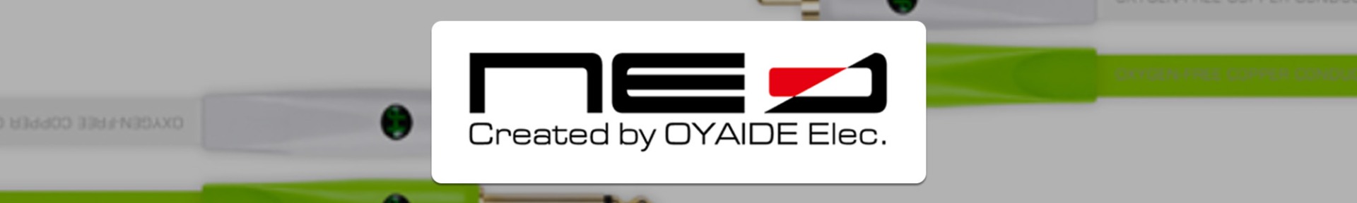 Logo with bold, black text "NEO," featuring a red accent, over "Created by OYAIDE Elec." in a sleek font. Background shows cables with green and white tones.