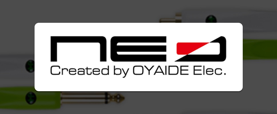 Logo with bold, black text "NEO," featuring a red accent, over "Created by OYAIDE Elec." in a sleek font. Background shows cables with green and white tones.