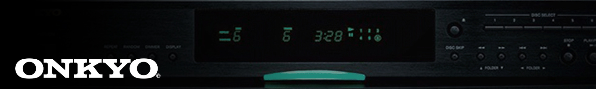 Close-up of an Onkyo audio system with a digital display showing "3:28." It has control buttons and a sleek black design, conveying a modern, sophisticated feel.