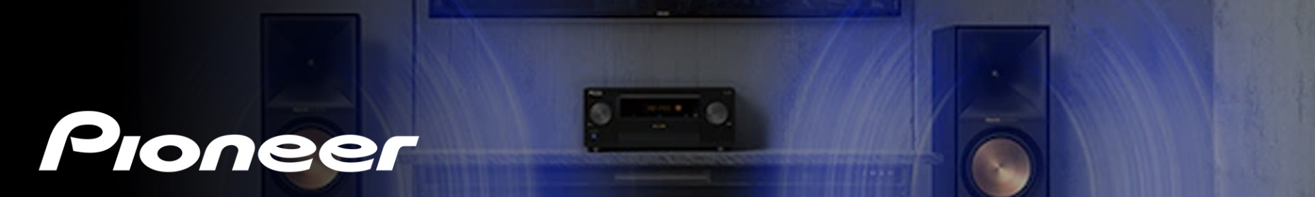 A home audio system with two speakers flanking a central receiver emits blue sound waves, conveying high-quality sound. The "Pioneer" logo is prominent in the foreground.