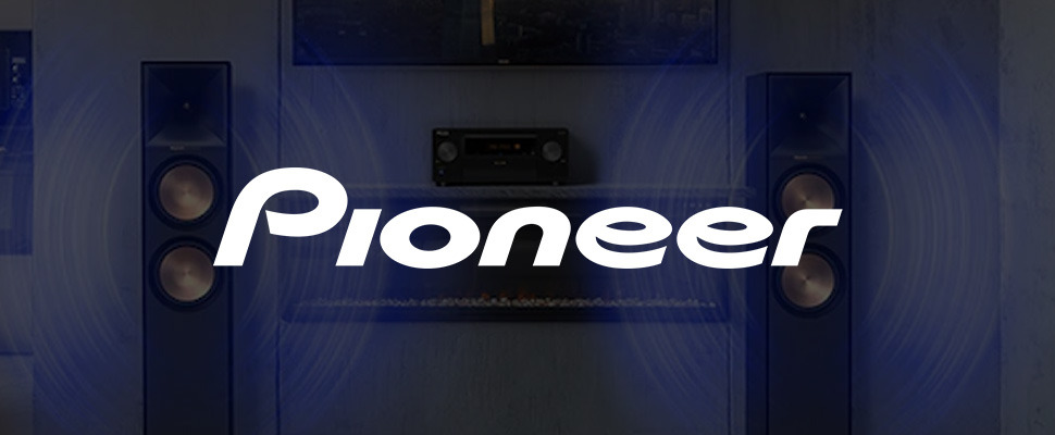 A home audio system with two speakers flanking a central receiver emits blue sound waves, conveying high-quality sound. The "Pioneer" logo is prominent in the foreground.