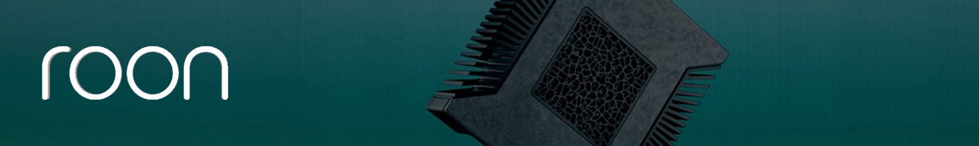 Roon logo in white on the left against a teal background, with an abstract geometric design resembling a microchip on the right. Modern and tech-centric.