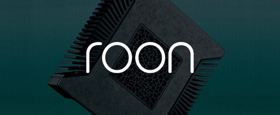 Roon logo in white on the left against a teal background, with an abstract geometric design resembling a microchip on the right. Modern and tech-centric.