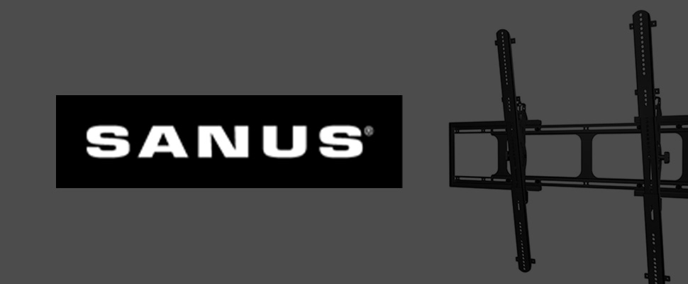 Black TV wall mounts are displayed against a gray background, with the word "SANUS" in bold white letters centered between two mounts.
