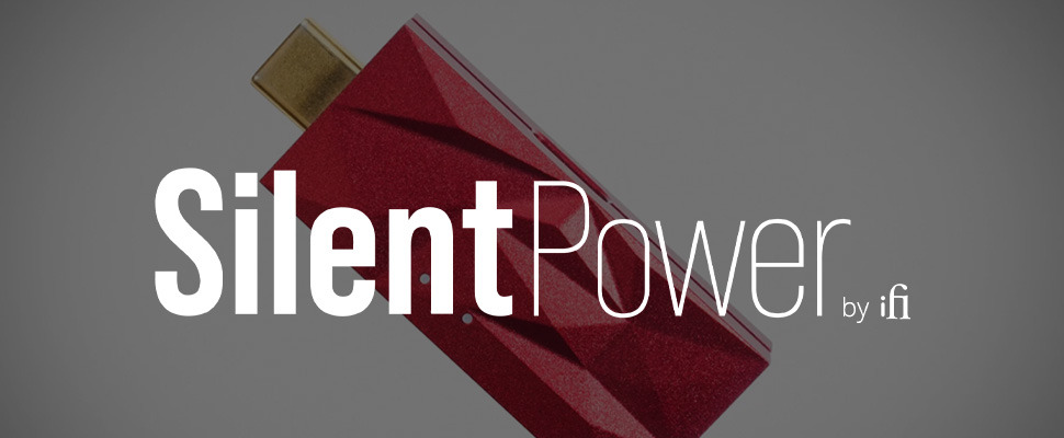 Grey background with bold white text "Silent Power by ifi." A red, geometric USB device is angled to the right, adding a sleek, modern feel.