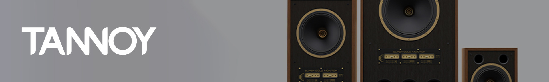 Grey banner with the word "TANNOY" in white on the left. On the right, partially visible vintage-style speakers with wood frames, creating a classic audio vibe.