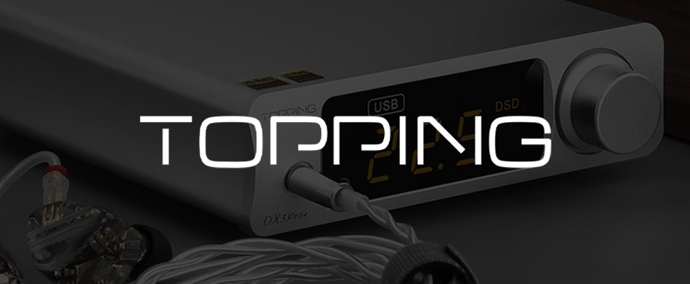 A sleek, silver audio device with a digital display shows "22.5." It’s connected via a cable, conveying a high-tech, modern feel. The word "TOPPING" appears prominently.
