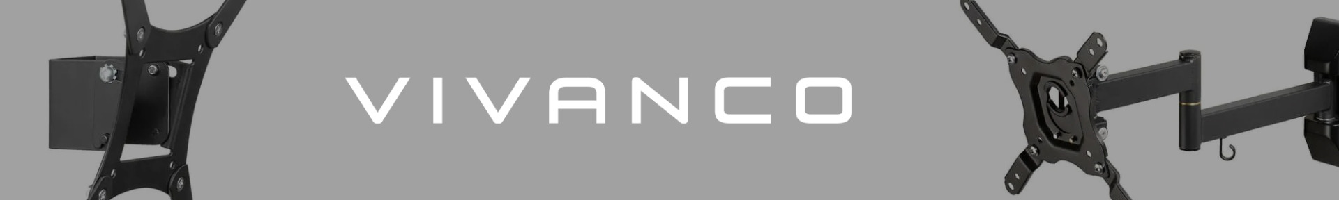 Grey background with the word "Vivanco" in bold white letters at the center. On the left and right are metal brackets, suggesting TV or monitor mounts.