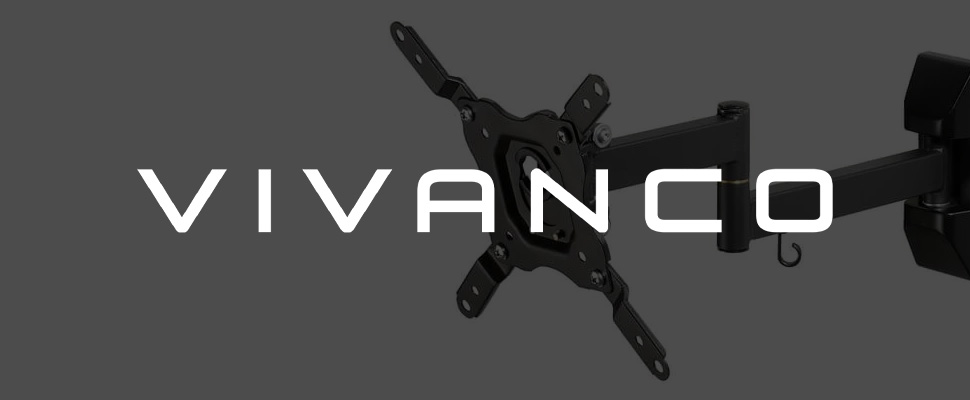 Grey background with the word "Vivanco" in bold white letters at the center. On the left and right are metal brackets, suggesting TV or monitor mounts.
