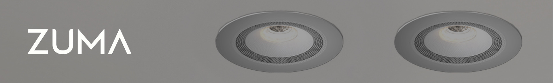 Grey background with the word “ZUMA” on the left in modern white font. Two recessed ceiling lights with circular frames are on the right. Sleek and minimalist design.