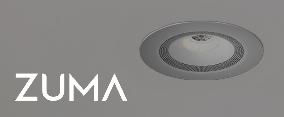 Grey background with the word “ZUMA” on the left in modern white font. Two recessed ceiling lights with circular frames are on the right. Sleek and minimalist design.