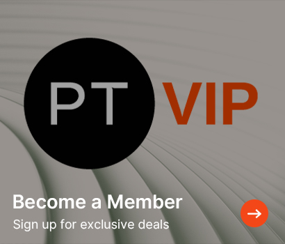 Monochrome design with 'PT VIP' in bold letters, inviting viewers to 'Become a Member' and sign up for exclusive deals. Orange arrow icon adds emphasis.