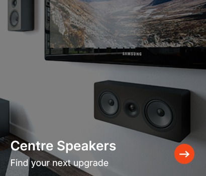 Wall-mounted black centre speaker under a flat-screen TV in a modern living room. Text reads "Centre Speakers, Find your next upgrade" 