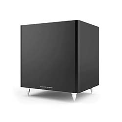A sleek black subwoofer with a cubic design, featuring white pointed legs. The speaker is set against a plain white background, conveying a modern tone.