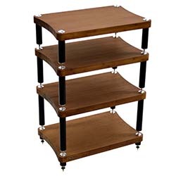 Four-tier wooden shelf with rounded edges, black vertical supports, and silver accents. Modern and sturdy design, conveying elegance and functionality.