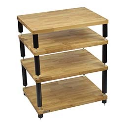 Four-tier wooden shelf unit with black metal supports, featuring smooth, light brown wooden surfaces. The design is simple and modern.