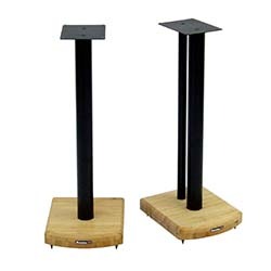Two black speaker stands with square tops and bamboo bases are shown. The design is modern and minimalist, conveying a sleek and stylish tone.