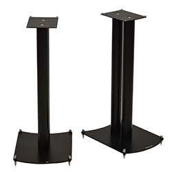 Two black metal speaker stands with square top plates and sturdy bases. One has a rectangular base, the other a triangular one with pointed tips.