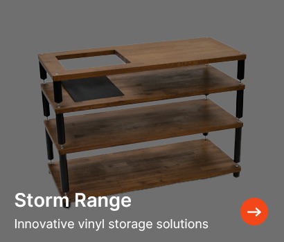 A wooden, four-shelf vinyl storage unit with black metal supports is displayed on a gray background. Text reads "Storm Range: Innovative vinyl storage solutions."