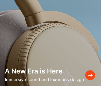 Beige headphones on a light blue background with text: "A New Era is Here. Immersive sound and luxurious design." A small orange arrow points right.