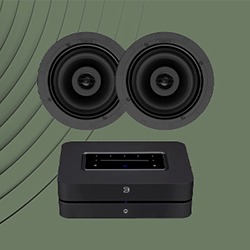 Two black circular speakers and a rectangular audio device with touch controls set against a green background with curved line design.